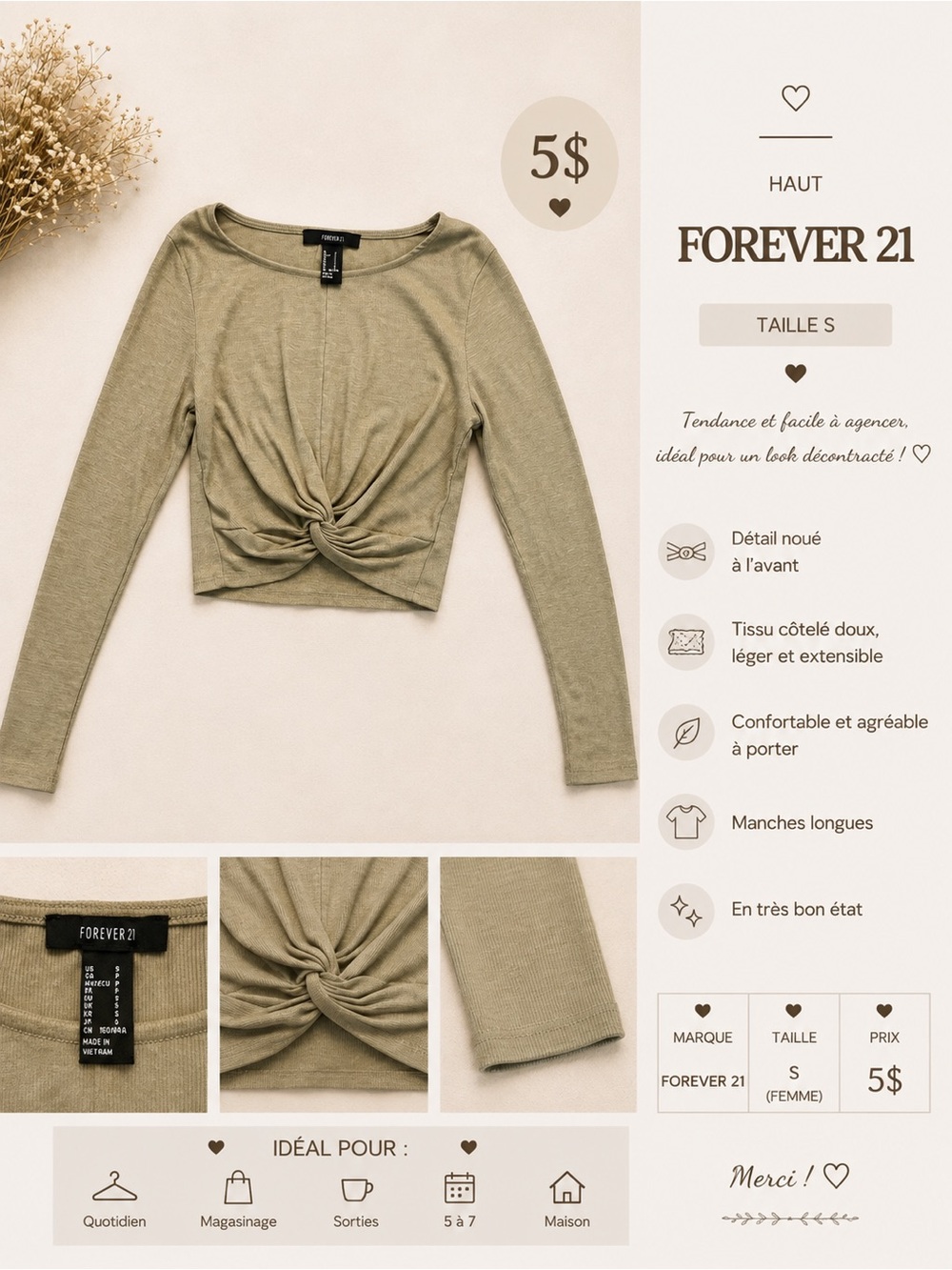 Forever 21 Olive Twist-Front Ribbed Long Sleeve Top